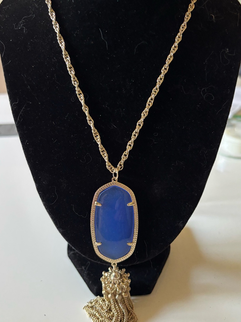 Kendra Scott Rayne Cobalt Blue Stone Gold Tone Tassel Long Pendant Necklace
